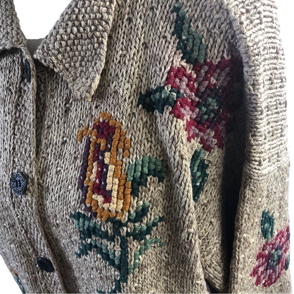 Bushwacker Ramie Cotton Cardigan Women L Oatmeal with Multicolor Floral - Picture 3 of 14